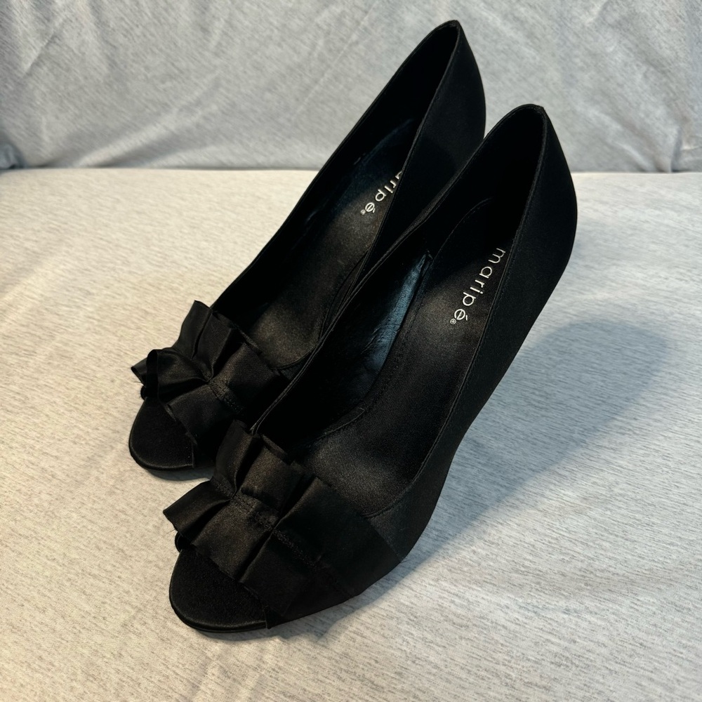 Maripé Black Satin Peeptoe Heels,‎ Size 9.5, NWOT
